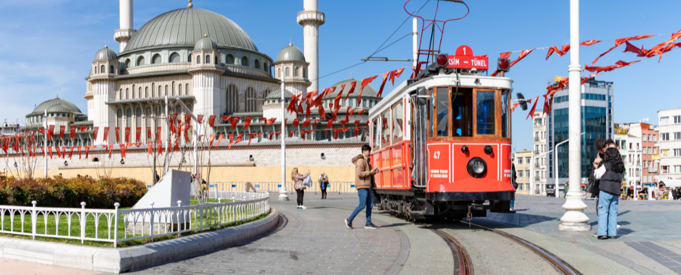 Istanbul city in Türkiye with tram and people
