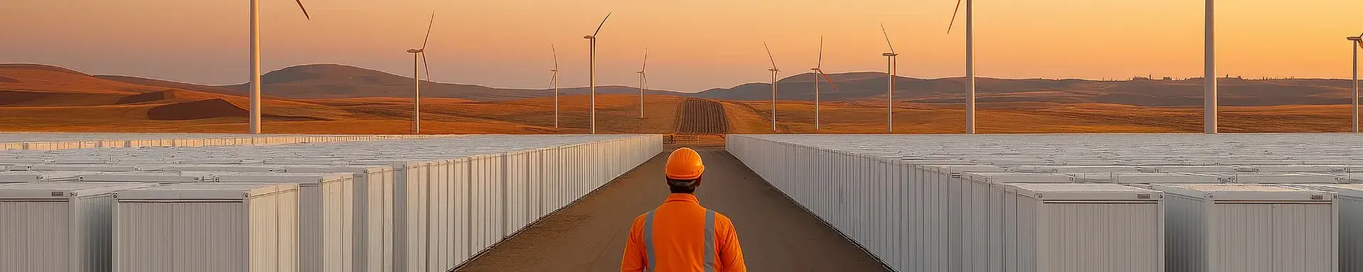 man facing wind turbines