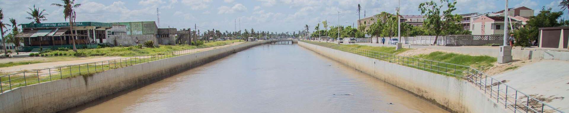World Bank Photo Collection Image of drainage canals, with installed flood control stations and large retention basin in the city of Beira in Mozambique. Photo: World Bank / Sarah Farhat