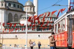 Istanbul city in Türkiye with tram and people