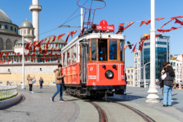 Istanbul city in Türkiye with tram and people
