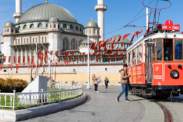 Istanbul city in Türkiye with tram and people